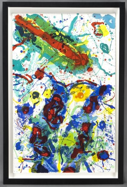 Sam Francis, "Untitled" lithograph on: Sam Francis, "Untitled" lithograph on PTI #120 waterleaf paper, 1989. Signed lower right "Sam Francis" and numbered lower left "50/50". Sheet: 46.5"H x 29.75"W; Frame: 52.375"H x 35"W. Publisher: The