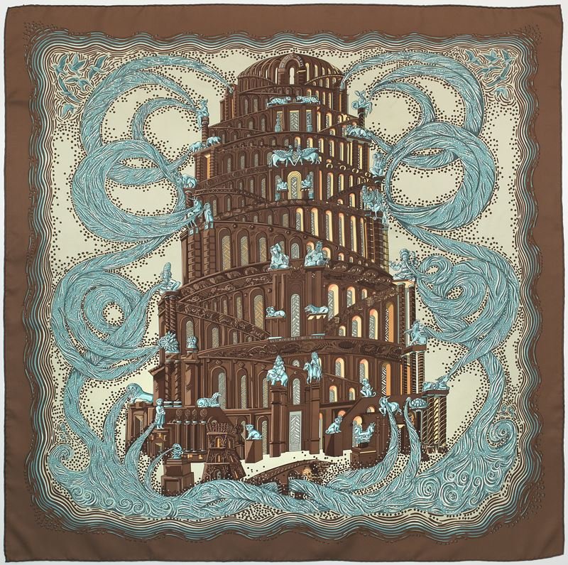 Hermès silk "Rivieres de Babel" scarf: Hermès silk "Rivieres de Babel" scarf on a cream ground with turquoise and brown border, designed by Annie Faivre. Circa - 2005.