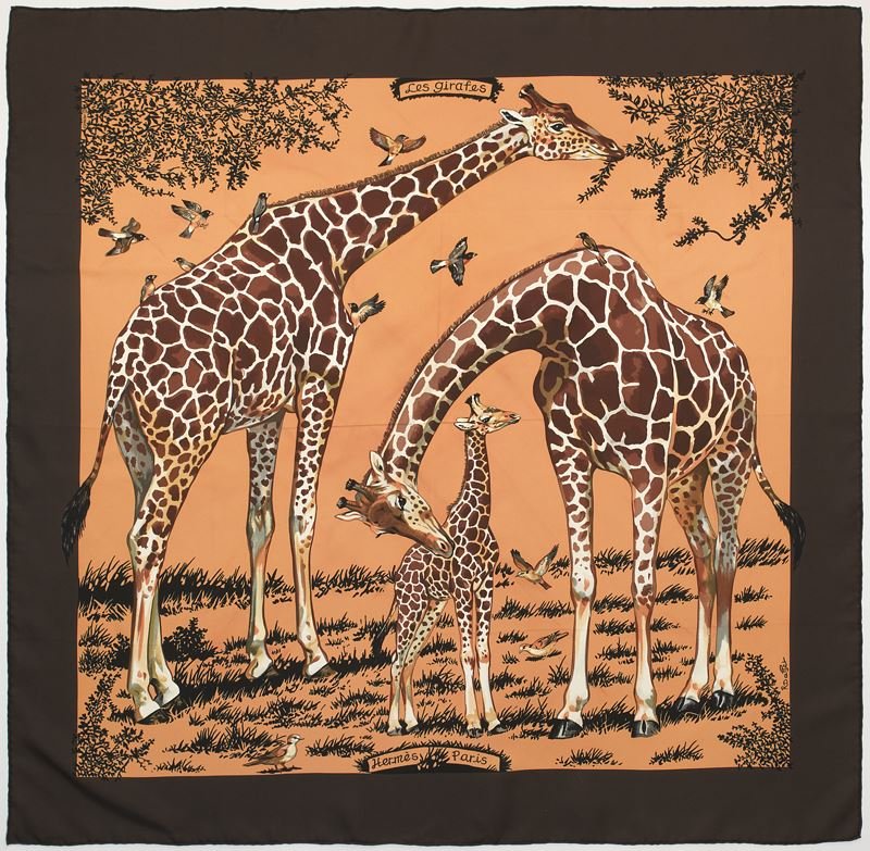 Hermès silk "Les Girafes" scarf: Hermès silk "Les Girafes" scarf on an orange ground with chocolate border, designed by Robert Dallet. 36" H x 36" W, Circa - 2006.