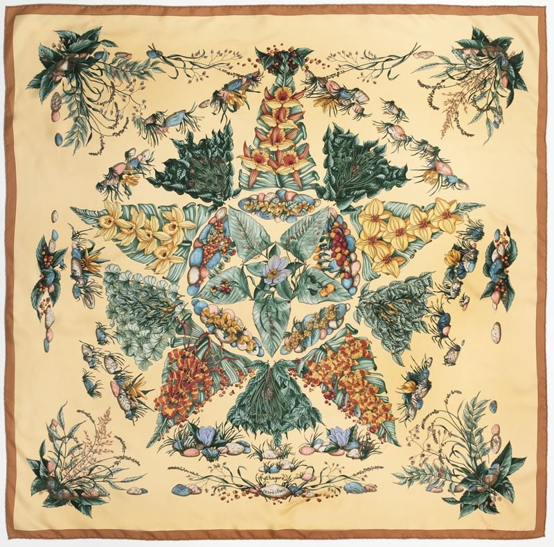 Hermès silk "Pythagore" scarf: Hermès silk "Pythagore" scarf on a yellow ground, designed by Zoé Pauwels. 36" H x 36" W, Circa - 1999.