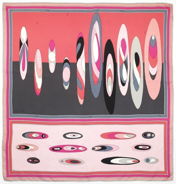 Emilio Pucci silk scarf: Emilio Pucci silk scarf in coral, white, gray and pink. Note: This piece is part of a capsule collection offered by The Vintage Contessa. 35.75" H x 34" W,