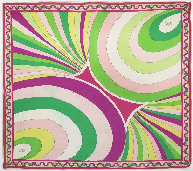 Emilio Pucci silk chiffon "Braniff" scarf: Emilio Pucci silk chiffon "Braniff" scarf designed especially for Braniff International's airline stewardesses as part of their uniform. BI monogram as well as Emilio script signature to the body. 36"