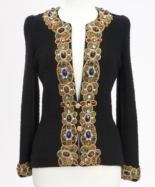 Adolfo black knit and beaded jacket,: Adolfo black knit and beaded jacket, the sweater style coat with ornately encrusted banding of cabochon style glass beads with gilt foil inclusions, two knotted buttons to the front. Tag not present, 