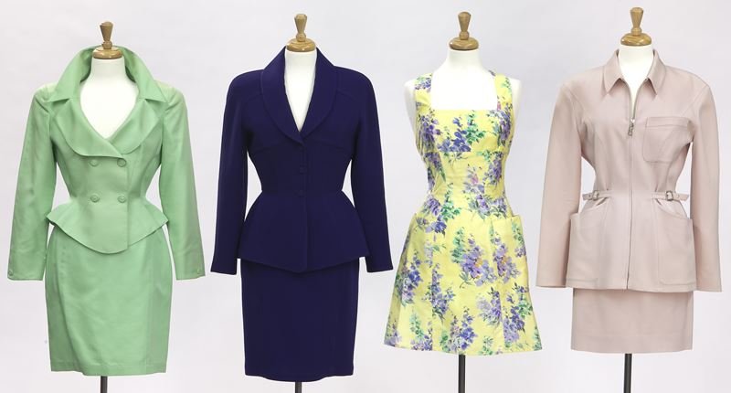 (4) Thierry Mugler vintage items inclu.:: (4) Thierry Mugler vintage items inclu.: (3) skirt suits, sizes 38 and 40 and (1) sundress in printed floral cotton, size 40. Each tag marked for Thierry Mugler. Circa - 1980's-1990's.