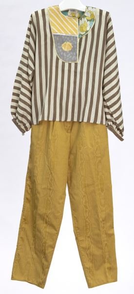 Geoffrey Beene cotton and silk pants set,: Geoffrey Beene cotton and silk pants set, the silk tunic with botanical panel to the neck with pleated cotton chintz pants with tie belt. Pants measuring 27" inseam x 13" wide at the waist, flat; the 