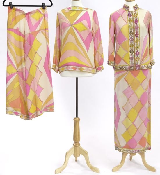 4 pcs. Emilio Pucci printed chiffon set: 4 pcs. Emilio Pucci printed chiffon set comprising (2) tops, (1) pair of palazzo pants, (1) skirt all of the same pattern. Tags marked Emilio Pucci, size 12. Circa - 1965-1975.