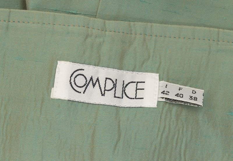 Versace Complice teal organdy column dress: Versace Complice teal organdy column dress in two parts with the skirt fitting over the rib cage and the bodice only covering the bust, styling as an evening dress. Tag marked Complice. Skirt measurin