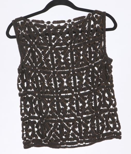 Giorgio Armani brown beaded top,: Giorgio Armani brown beaded top, sleeveless with a bateau neckline and slipping over the head, to be worn with a camisole. Measuring 21" L x 17.5" W at the bust, flat, Circa - 1990's.