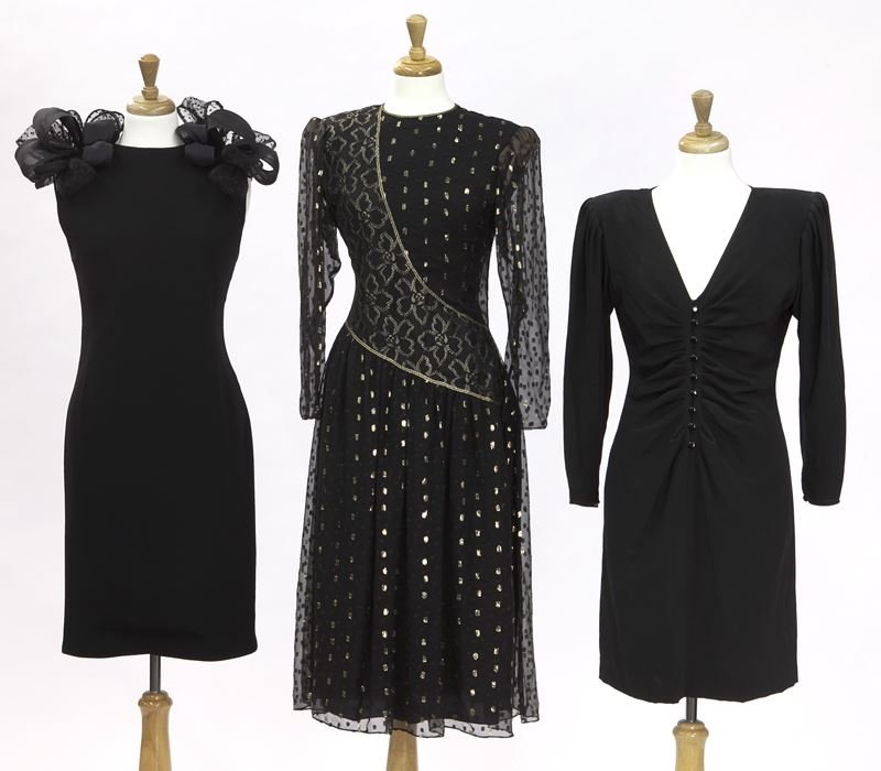 (3) Vintage little black cocktail dresses inlcu.:: (3) Vintage little black cocktail dresses inlcu.: (1) Hanae Morie black chiffon with gold lace inclusions, (1) Andre Laug black crepe with applied bows to the shoulders and (1) Ungaro black crepe dres