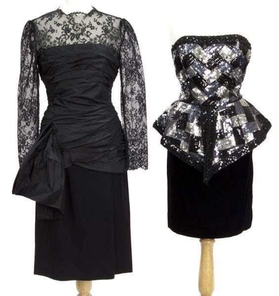 (2) Bill Blass black cocktail dresses: (2) Bill Blass black cocktail dresses (1) with lace sleeves and boat neckline above a ruched body with large bow to hip, marked size 10; (1) with sequin bodice and peplum above a velvet skirt. Each ta