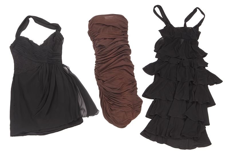 (3) Vintage designer cocktail dresses: (3) Vintage designer cocktail dresses including (1) Carlos Marquez for Neiman Marcus in black silk chiffon and lace, size 6; (1) Blumarine in brown jersey; (1) Tom Ford for Yves St. Laurent black lyrc