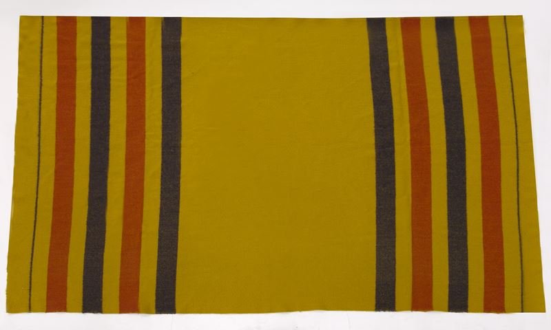 Hermès vintage striped wool blanket: Hermès vintage striped wool blanket in chartreus with red and black straps. Marked Hermès, Paris. Measuring 60.75" H x 70.5" L. Note: This piece is part of a capsule collection offered by The Vintag