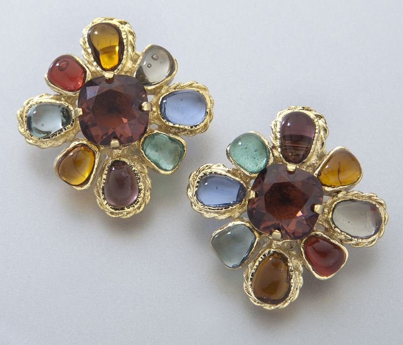 Chanel Gripoix style earclips,: Chanel Gripoix style earclips, the faceted red glass central stone surrounded by multi-color cabochon style stones, in gold tone setting. Note: This piece is part of a capsule collection offered by Th