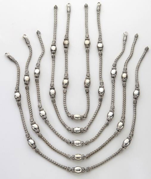 (5) John Hardy sterling silver rope necklaces.: (5) John Hardy sterling silver rope necklaces. Stamped, "925 JH." 150.5 grams total weight. Provenance: The estate of a gentleman, Dallas, Texas. 16'' - 18''L, Circa - Contemporary.