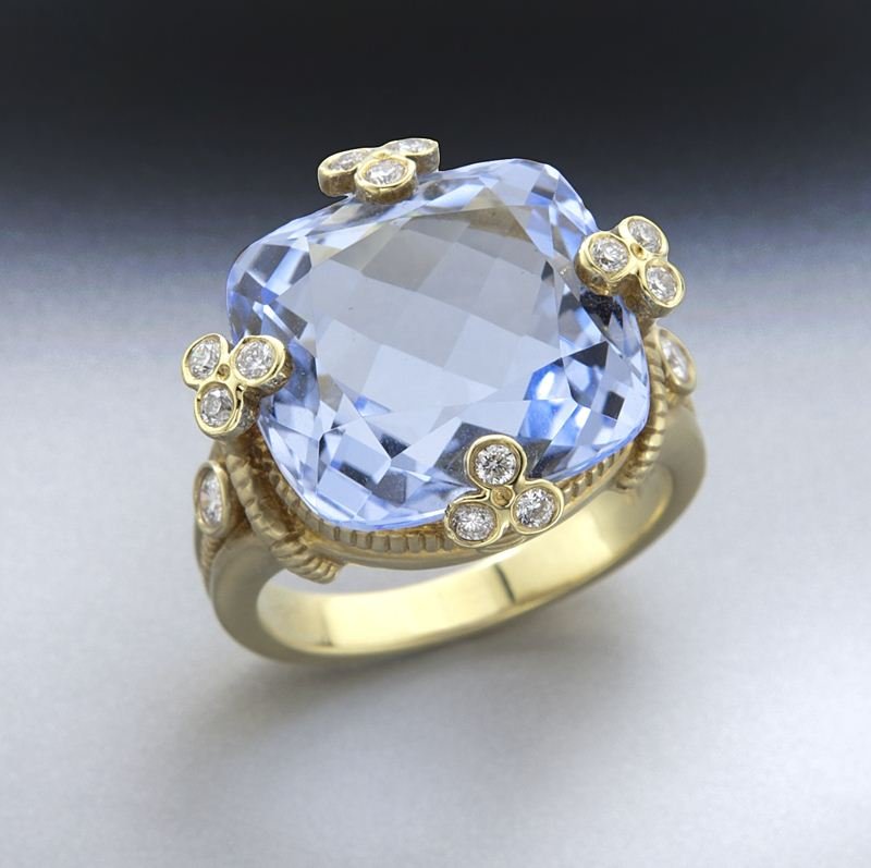 Judith Ripka 18K gold, diamond, and quartz ring: Judith Ripka 18K gold, diamond, and quartz ring in an 18K yellow gold mount. Stamped, "Judith Ripka 18K." 9.5 grams. Provenance: The estate of a Gentleman, Dallas, Texas. Size 5.75, Circa - 20th C.