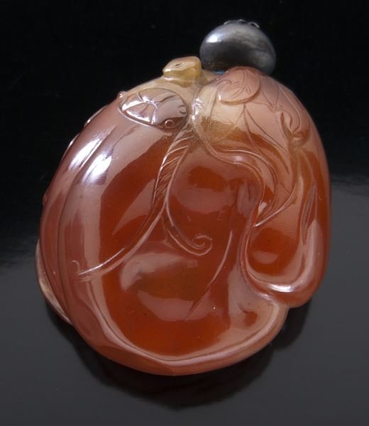Fine Chinese Qing carnelian snuff bottle,: Fine Chinese Qing carnelian snuff bottle, of gourd shape, with leaf and vine, carved in low relief with insects and geckos. Very well hollowed, and polished to a thin smooth finish. Provenance: Ex-col