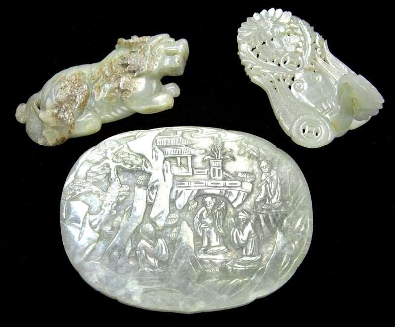 3 Pcs. Chinese Qing carved jade.: 3 Pcs. Chinese Qing carved jade. (1) ruyi head; (1) qilin shape plaque possibly for attaching to a large jade inlaid screen; (1) phoenix figure with surmountable head (now detached). Largest 5.25"L x 