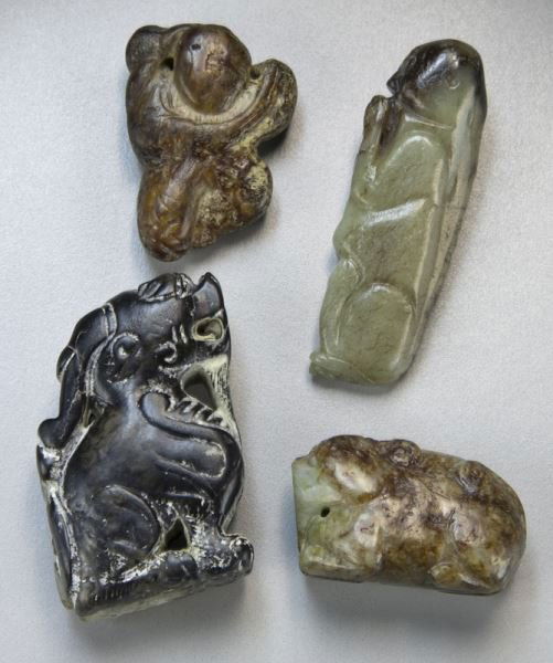 (4) Chinese Han style Ming - Qing carved jade: (4) Chinese Han style Ming - Qing carved jade figures and animals. Provenance: From the collection of a prominent Northern California collector. Largest 2.75"W, Circa - 17th - 19th C.