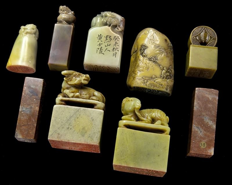(9) Chinese late Qing - early Republic soapstone: (9) Chinese late Qing - early Republic soapstone seals, depicting various animals and landscape scenes. Largest: 3"H, Circa - Late 19th - early 20th C.