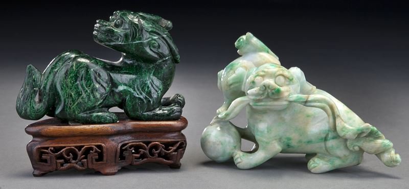 (2) Chinese jadeite/hardstone carvings.: (2) Chinese jadeite/hardstone carvings. (1) jadeite carving of qilin group playing with ribboned brocade balls, the stone matrix of whitish celadon tone, with rich inclusion of green patches, 3.25" H;