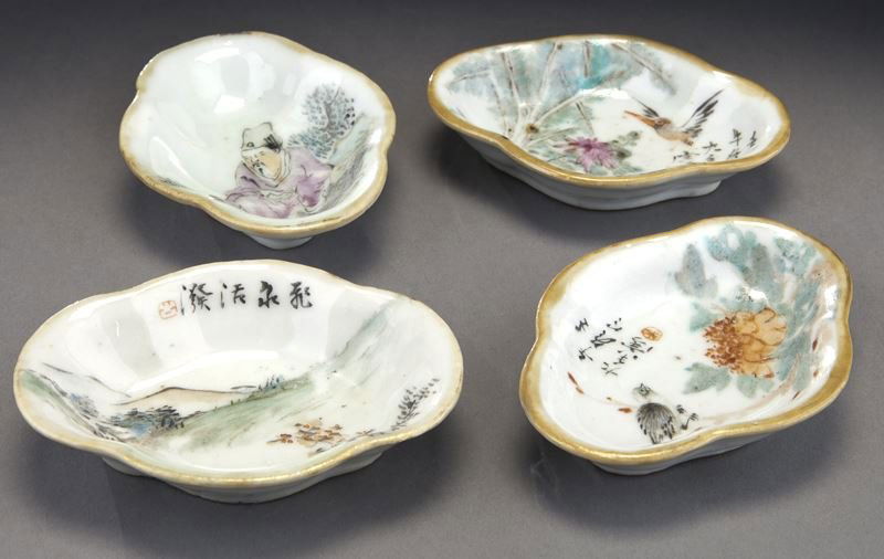(4) Chinese Qianjiang Cai floriform dishes: (4) Chinese Qianjiang Cai floriform dishes in quatre-lobe form, decorated on the top surface with scholar figures, landscape or birds and flowers in artful style, three dishes with calligraphy, indica