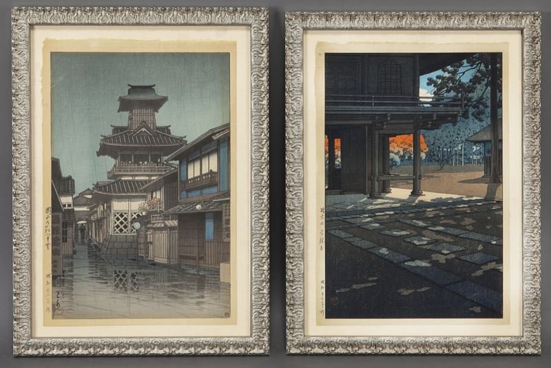 (2) Kawase Hasui Japanese woodblock prints:: (2) Kawase Hasui Japanese woodblock prints: "Bell Tower in Okayama" and "Heirinji Temple at Nobidome," both signed in the lower left corner, with Watanabe seals at lower right corner. Kawase Hasui (Ja