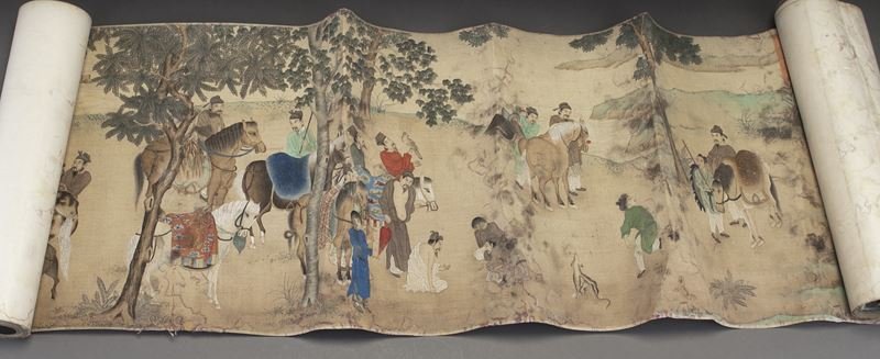 A Chinese scroll depicting dignitaries: A Chinese scroll depicting dignitaries and attendants preparing their horses and luggage for a leisure trip, inscribed and signed by Hu Si Yuan, with numerous colophons and collectors' seals including