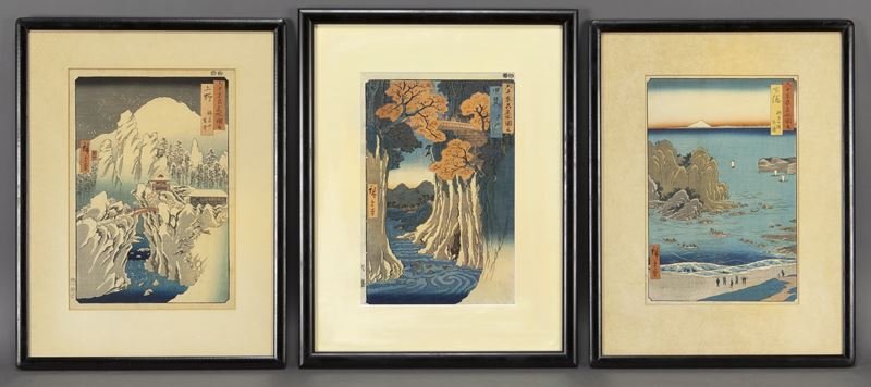 (3) Ando Hiroshige woodblock prints,: (3) Ando Hiroshige woodblock prints, from the series "Famous Views of the 60-odd Provinces" (Rokujuyoshu meisho zue) including: The Monkey Bridge in Kai Province, The Outer Bay at Choshi Beach in Shim