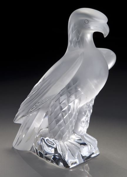 Lalique France crystal eagle: Lalique France crystal eagle with box. Etched signature for Lalique, France as well as signature for Marie Claude Lalique, dated 4-9-91. 9.25" H, Circa - Late 20th C.