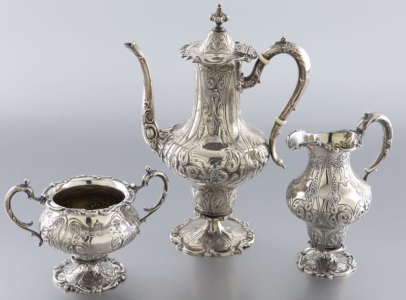 3 Pc. Theodore B. Starr sterling demitasse set: 3 Pc. Theodore B. Starr sterling demitasse set comprising a long necked demitasse teapot, cream jug and two-handled sugar bowl. Each marked for Theodore B. Starr, Sterling, 26.32 ozt. (total). 9.75" H