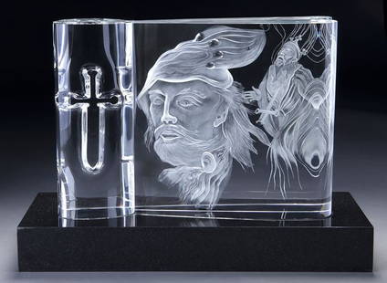 3 Pc. Steuben "Macbeth" crystal sculpture on base: 3 Pc. Steuben "Macbeth" crystal sculpture on base by Eric Hilton. Exhibition piece for show promoting the rebuilding of the Globe Theater, London. Purchased 1990 for $42,000. Accompanied by certificat