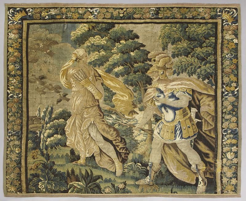 18th C. French Aubusson tapestry: 18th C. French Aubusson tapestry after designs by Isaac Moillon of Dido & Aneus. Provenance: Sotheby's Amsterdam, October 29, 2008, Lot 52. 106.5" H x 105" W, Circa - Late 17th C.