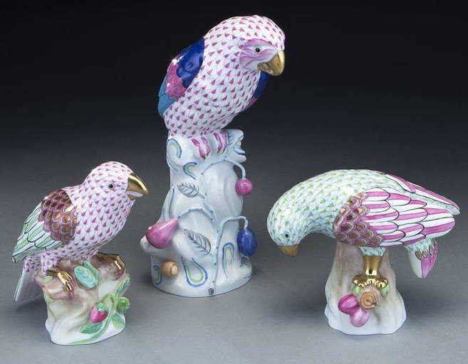 (3) Herend Porcelain Parrot Figures,