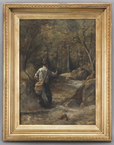 Jutsum Norman oil on board depicting a man: Jutsum Norman oil on board depicting a man fishing. Signed and dated lower right, "Jutsum Norman 1903". Board: 27.75" H x 20" W. Frame: 35.25" H x 27.5" W.