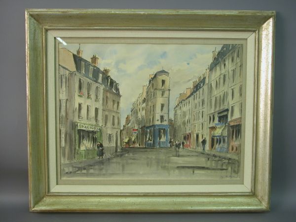 Signed Guy de Neyrac (LR) watercolor: Signed Guy de Neyrac (LR) watercolor titled "Paris Street Scene" which includes the prestigious Parson's School of Interior Design. Neyrac is a 20th Century artist who dealt with watercolors depicting