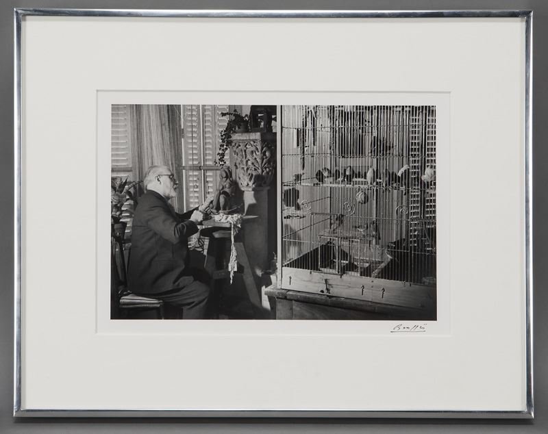 Brassai "Matisse sculpting 'Venus a la Coquille: Brassai "Matisse sculpting 'Venus a la Coquille II' next to a big cage of birds", gelatin silver print. Signed lower right, "Brassai", various stamps to verso. Image: 8.25"H x 12.5"W; 15.75"H x 20"W.