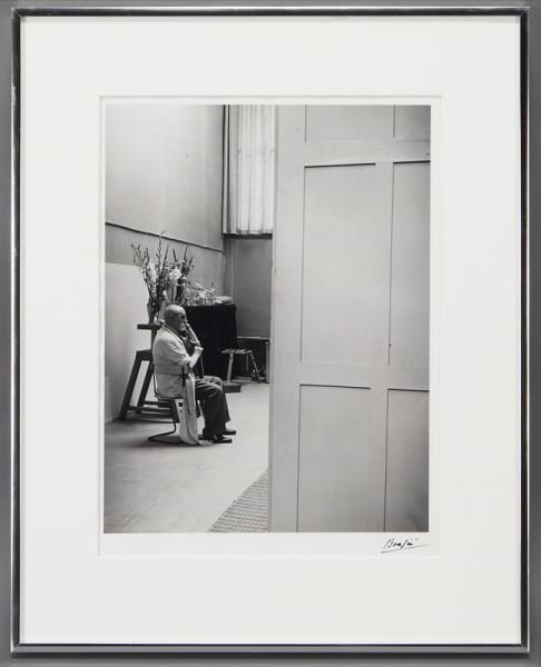 Brassai "Matisse seated in the studio" gelatin: Brassai "Matisse seated in the studio" gelatin silver print. Signed lower right, "Brassai", the verso stamped, "Copyright Brassai". Image: 14.125"H x 10.75"W; Frame: 21.25"H x 17"W. Provenance: Marlbo