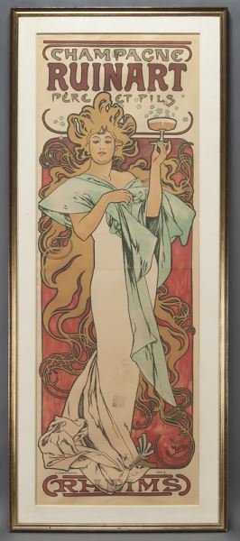 Alphonse Mucha, "Champagne Ruinart" color: Alphonse Mucha, "Champagne Ruinart" color lithograph, printed by F. Champenois Paris. Print: 69"H x 23"W. Frame: 77.5"H x 32"W