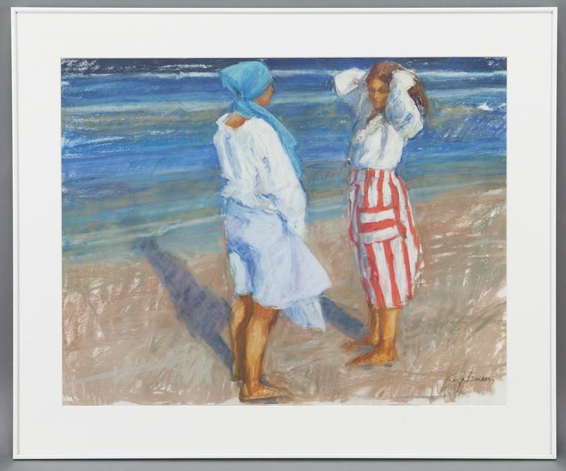 Richard Segalman "Blue Scarf" pastel on paper.: Richard Segalman "Blue Scarf" pastel on paper. Signed lower right "Segalman". Sight: 22.25"H x 28.25"W. Frame: 28.5"H x 34.5"W. Richard Segalman (American, b. 1934)