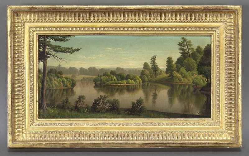 Levi Wells Prentice, "Adirondack Lake" oil on: Levi Wells Prentice, "Adirondack Lake" oil on canvas. Signed lower right "L. W. Prentice". Canvas: 7.375"H x 15.25"W; Frame: 12"H x 19.75"W. Provenance: Graham Gallery, New York. Levi Wells Prentice (