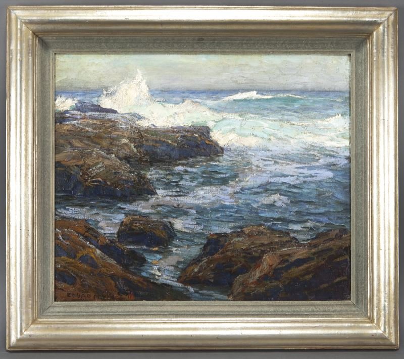 Edgar Payne, "Rocky Coastal Scene" oil on canvas.: Edgar Payne, "Rocky Coastal Scene" oil on canvas. Signed lower left, "Edgar Payne". Canvas: 20"H x 24"W; Frame: 27.25"H x 31"W. Edgar Payne (American, 1883-1947).