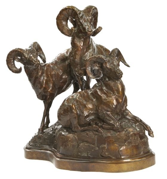 Tim Shinabarger "Distant Movement" bronze: Tim Shinabarger "Distant Movement" bronze sculpture depicting three rams. Signed, "Shinabarger 97" and numbered 9/30. Tim Shinabarger (American b. 1966). 20.5"H x 21"L x 19"W,