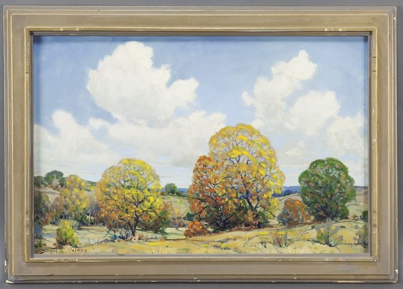 Dwight Holmes, "Stevenville" oil on canvas, 1976.: Dwight Holmes, "Stevenville" oil on canvas, 1976. Signed lower left "Dwight C. Holmes 76". Inscribed on frame verso "Fall Scene-Stevenville". Canvas: 20"H x 30"W. Frame: 24.5"H x 34.5"W. Dwight C. Hol