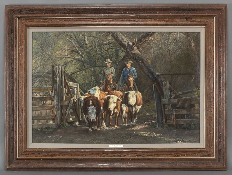 Tim Cox, "Last of the Herd" oil on board, 1978.: Tim Cox, "Last of the Herd" oil on board, 1978. Signed, dated, and copyrighted lower left, "A.T. Cox 78". Board: 24.25"H x 36"W. Frame: 34.625"H x 46.625"W. Tim Cox (American, 1957) is known for his w