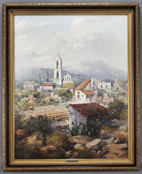 Dalhart Windberg, "Spanish Village" oil on: Dalhart Windberg, "Spanish Village" oil on board, 1969. Signed lower right, "Windberg 69". Board: 56"H x 44"W; Frame: 64.25"H x 52.375"W. Provenance: Texas Art Gallery; Private Collection: Dallas, TX.