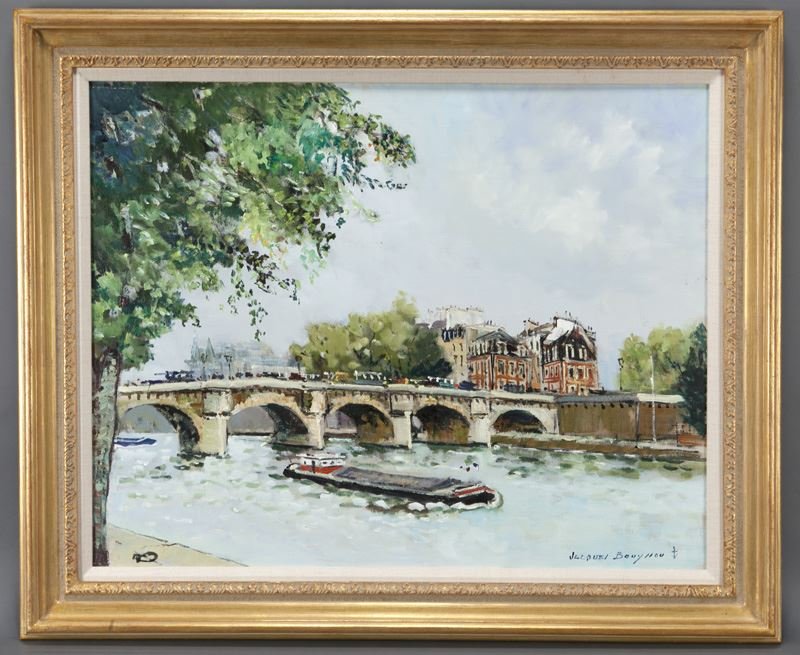 Jacques Bouyssou, "Pont du Neuf" oil on canvas.: Jacques Bouyssou, "Pont du Neuf" oil on canvas. Signed lower right, "Jacques Bouyssou". Canvas: 28.75"H x 36.125"W; Frame: 36.5"H x 44"W. Jacques Bouyssou (French, 1926-1997).