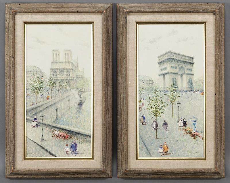 Pr. André Gisson Parisian scenes, oil on canvas.: Pr. André Gisson Parisian scenes, oil on canvas. (1) "Notre Dame". Signed lower left, "A. Gisson". Canvas: 24.375"H x 12.125"W; Frame: 31.25"H x 19.25"W. (2) "Arc de Triomphe". Signed lower right, "A