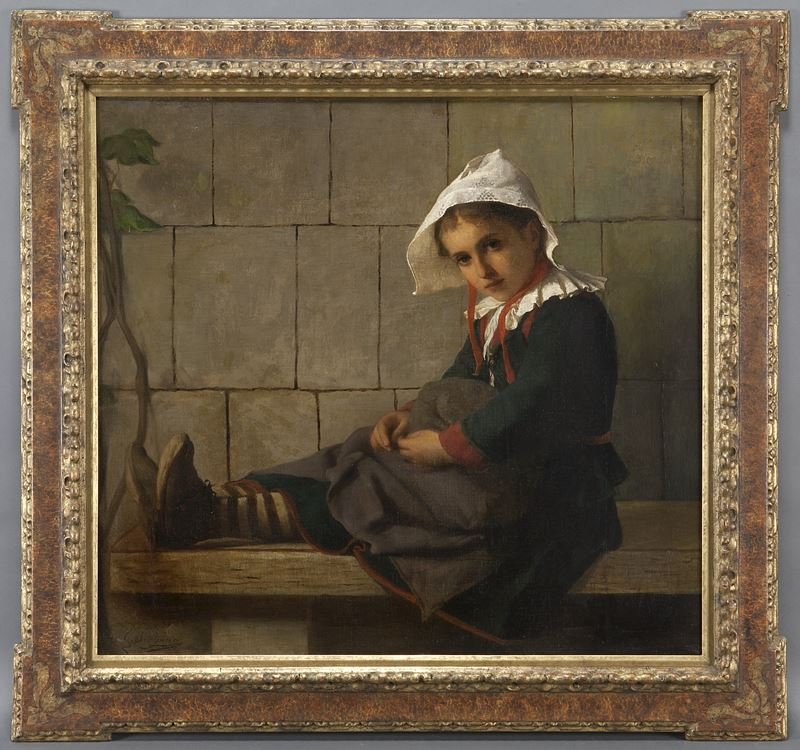Gaston Casimir Saint-Pierre, "Girl in a Bonnet": Gaston Casimir Saint-Pierre, "Girl in a Bonnet" oil on canvas, 1867. Signed and dated lower left, "G. Sainte-Pierre 1867". Canvas: 33.5"H x 36.25"W; Frame: 43"H x 45.875"W. Gaston Casimir Saint-Pierre