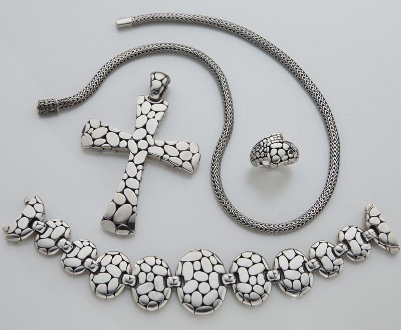 4 pcs. John Hardy Sterling silver jewelry: 4 pcs. John Hardy Sterling silver jewelry from the dot collection including cross, chain, ring and bracelet. Marked "JH 925." 134.2 grams. Ring size 7, bracelet 7.5" L, cross 3.25" L, and chain 16"L.