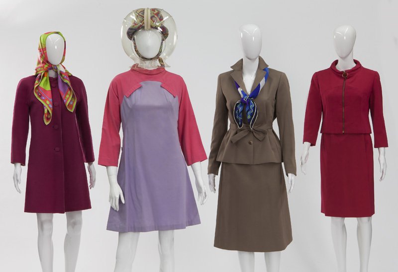 Collection of Emilio Pucci for Braniff Airlines: Collection of Emilio Pucci for Braniff Airlines including: (4) stewardess uniforms from 1965-1982, 3 of which were designed by Emilio Pucci, the khaki design, circa 1980 by Halston; (1) Emilio Pucci h